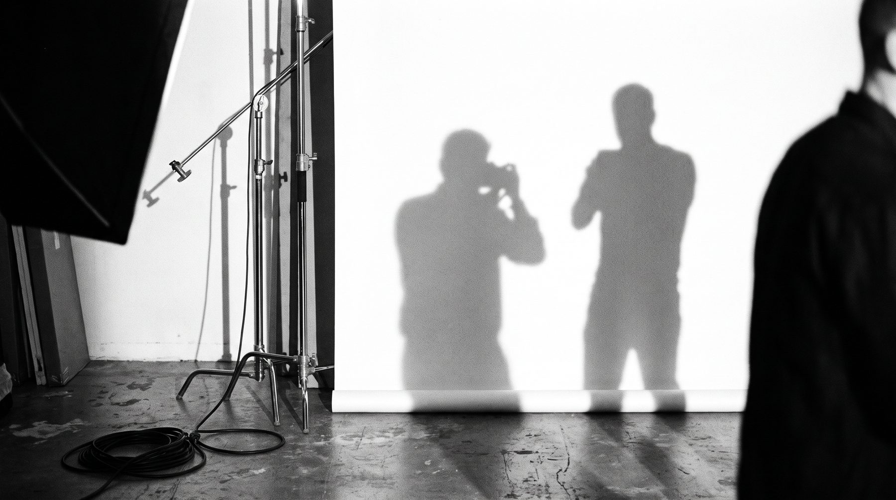 Sombras de dos personas sobre un fondo blanco de estudio