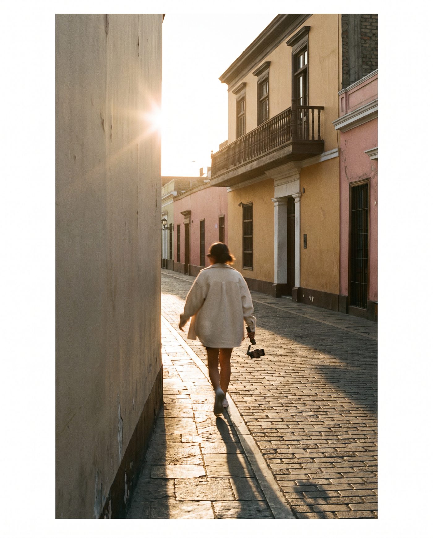 Creador caminando de espaldas por una calle de Barranco al atardecer