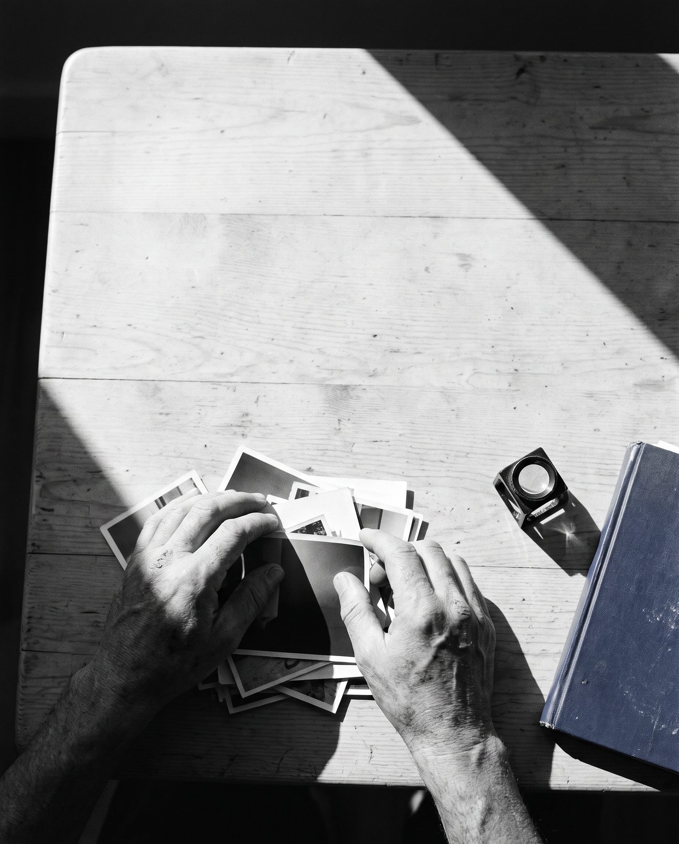 Manos ordenando copias fotográficas sobre una mesa con luz de ventana